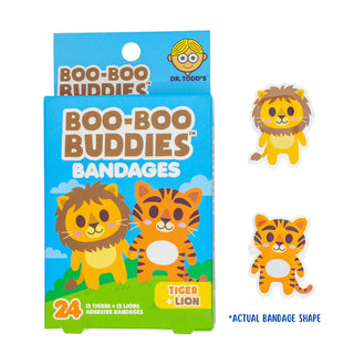 Boo-Boo Buddies bandages packaging with cartoon lions and tigers on a blue background