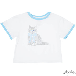 Azarhia White Boxy Ringer Tee - Blue Gingham Bow Kitty