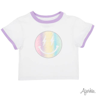 Azarhia Ringer Boxy Tee - Glitter Pastel Rainbow Smiley