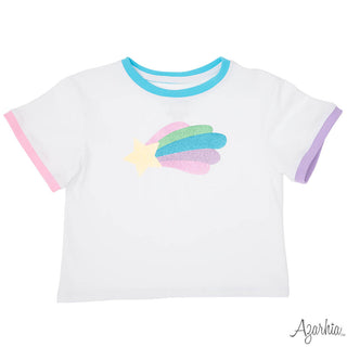 Azarhia White Boxy Ringer Tee - Glitter Rainbow Star