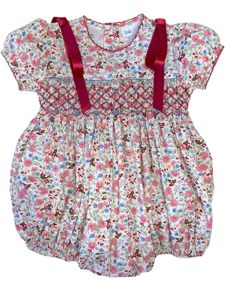 Lulu Bebe Rose Floral Smocked Bubble with Red Satin Ribbon