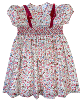 Lulu Bebe Rose Floral Smocked Dress with Red Satin Ribbon