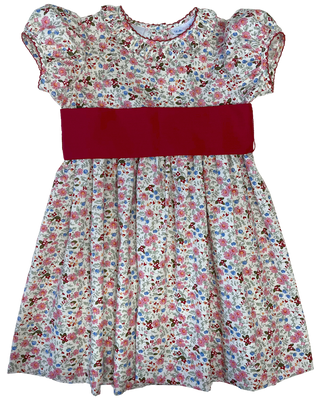 Lulu Bebe Nat Floral Basic Dress with Red Ribbon and Ruffle Collar