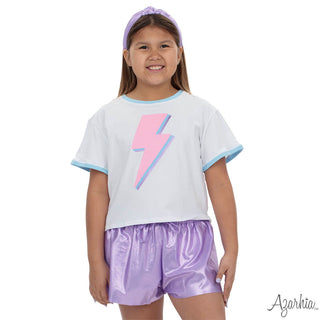 Azarhia Boxy Light Blue Ringer Tee - Pink Lightning Bolt