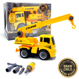 Toy crane truck with accessories and packaging on a white background