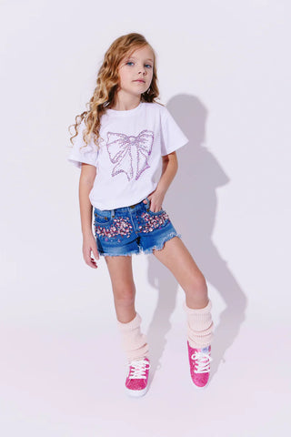 Lola and The Boys White Crystal Bow Tee