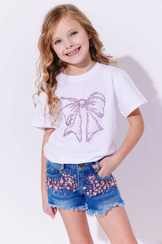 Lola and The Boys White Crystal Bow Tee