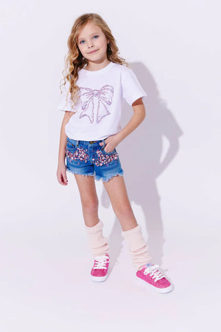 Lola and The Boys White Crystal Bow Tee