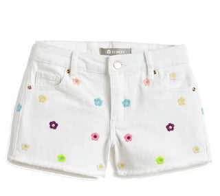 Tractr White Denim Shorts with Embroidered Flowers