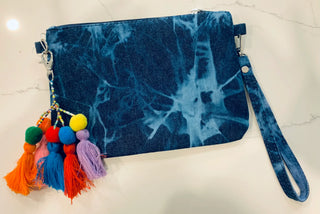 Bari Lynn Denim Wrist Bag with Tassel
