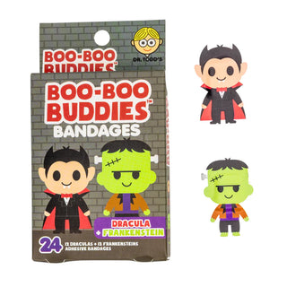 Pack of Boo-Boo Buddies bandages with Dracula and Frankenstein designs on a gray brick wall background.
