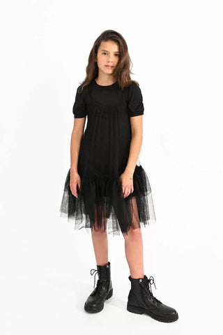 Molly Bracken Black Knit Dress with Tulle and Gathers