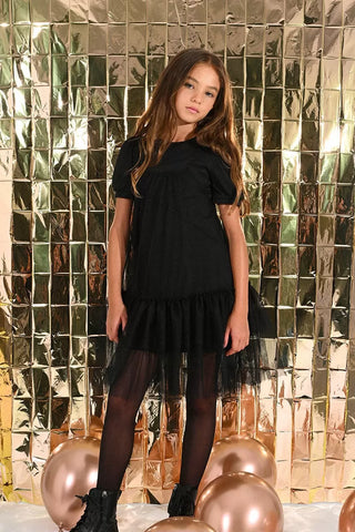 Molly Bracken Black Knit Dress with Tulle and Gathers