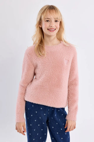 Fluffy Sweater with Embroidered Heart - Old Pink