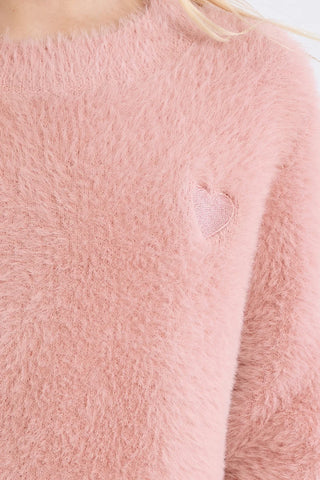 Fluffy Sweater with Embroidered Heart - Old Pink