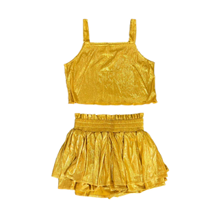 Gold Plisse Tank Top and Tiered Skirt Set