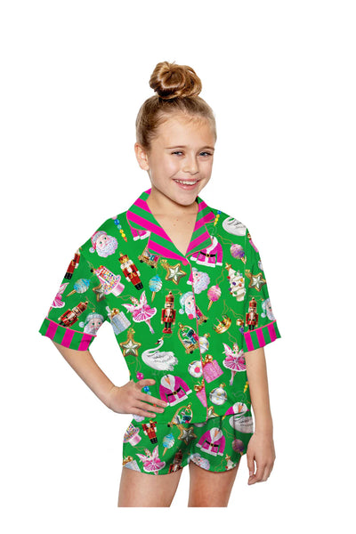 Kids Green/Pink Holiday Baubles Silky Pajama Short Set