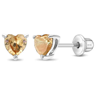 SS Classic CZ Birthstone Heart Screw Back Earrings