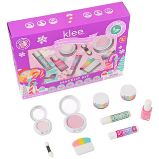 Holiday Giggles kit contents: eye shadow, blush, lip shimmer, nail polish and glitter gels