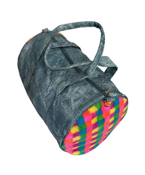 Bari Lynn Denim Duffle Bag w/ Rainbow Checkered Sides