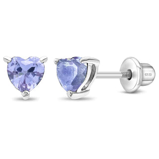 SS Classic CZ Birthstone Heart Screw Back Earrings