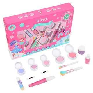 Let It Glow kit contents: eye shadows, blushes, lip gloss, nail polish and glitter gel