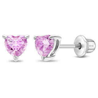 SS Classic CZ Birthstone Heart Screw Back Earrings