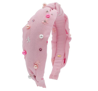 Bari Lynn Embroidered Bow and Pearl Knot Headband