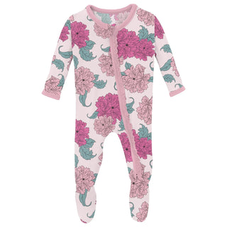 Kickee Print Layette Ruffle 2 Way Zipper Footie - Shrinking Violet Peonies