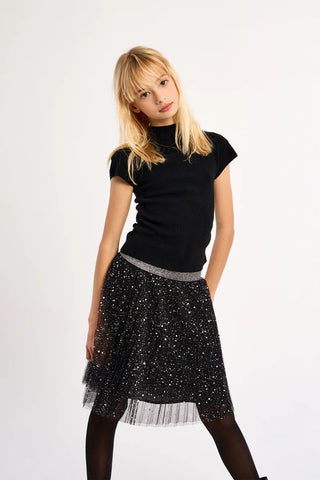 Ruched Top with Stand-Up Collar - Black