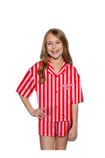 Kids Pink/Red Stripe Christmas Club Silky Pajama Short Set
