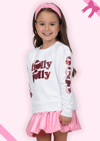 Azarhia Sequin White Holly Jolly Smiley Sleeve Longsleeve