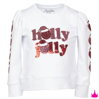 Azarhia Sequin White Holly Jolly Smiley Sleeve Longsleeve