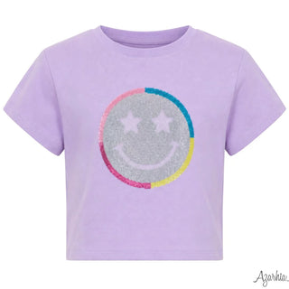 Azarhia White Boxy Tee - Sequin Star Smiley Face Boxy Tee