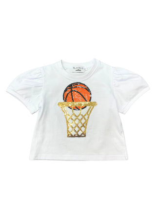 White Sequin Basketball Hoop Tee with Puffy Sleeves