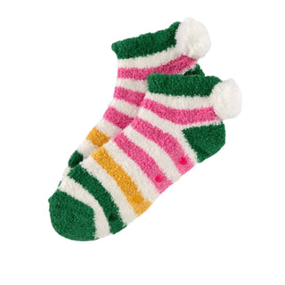 Gloria Striped Pink/Green Plush Socks with Pom Poms