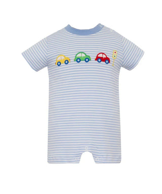Blue Knit Stripe Boy's Romper- Car