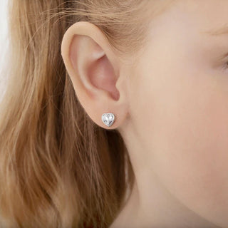 SS Bezel CZ Solitaire Clear Heart Screw Back Earrings