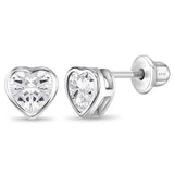 SS Bezel CZ Solitaire Clear Heart Screw Back Earrings