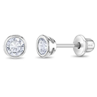 SS Bezel Set Clear CZ Solitaire 3mm Screw Back Earrings