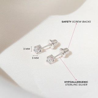 SS Traditional Prong Set Clear Cz Solitaire 3mm Screw Back Earrings