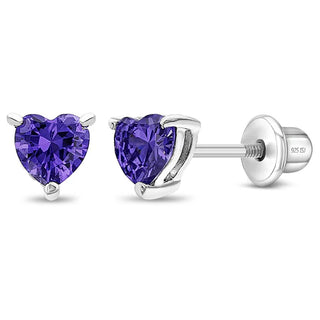 SS Classic CZ Birthstone Heart Screw Back Earrings