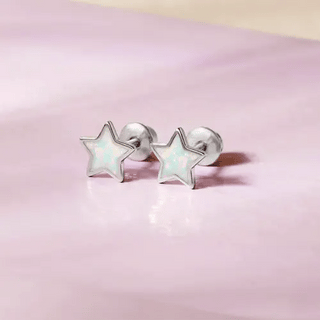 SS Sparkle Star Opal Screw Back Earrings - White