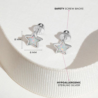 SS Sparkle Star Opal Screw Back Earrings - White