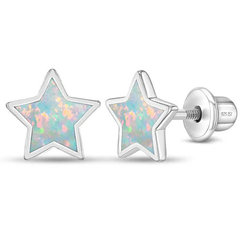 SS Sparkle Star Opal Screw Back Earrings - White