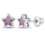 SS Classic CZ Birthstone Solitaire Stars Screw Back Earrings