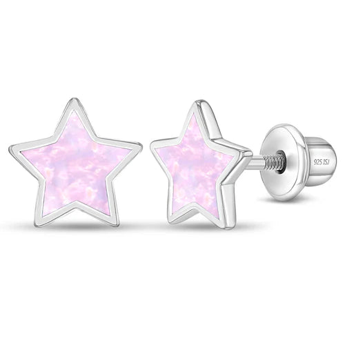 SS Sparkle Star Opal Screw Back Earrings - Pink