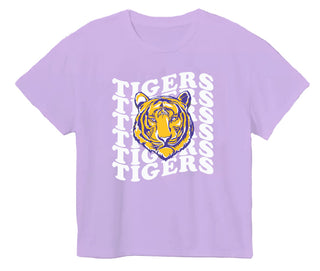 A purple t-shirt with a glittery tiger face and the word 'TIGERS' printed across the front.