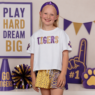 Azarhia Shimmer Applique Gameday Boxy Tee Tigers Purple/Gold