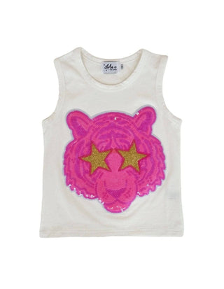 White Sequin Neon Pink Tiger Tank Top
